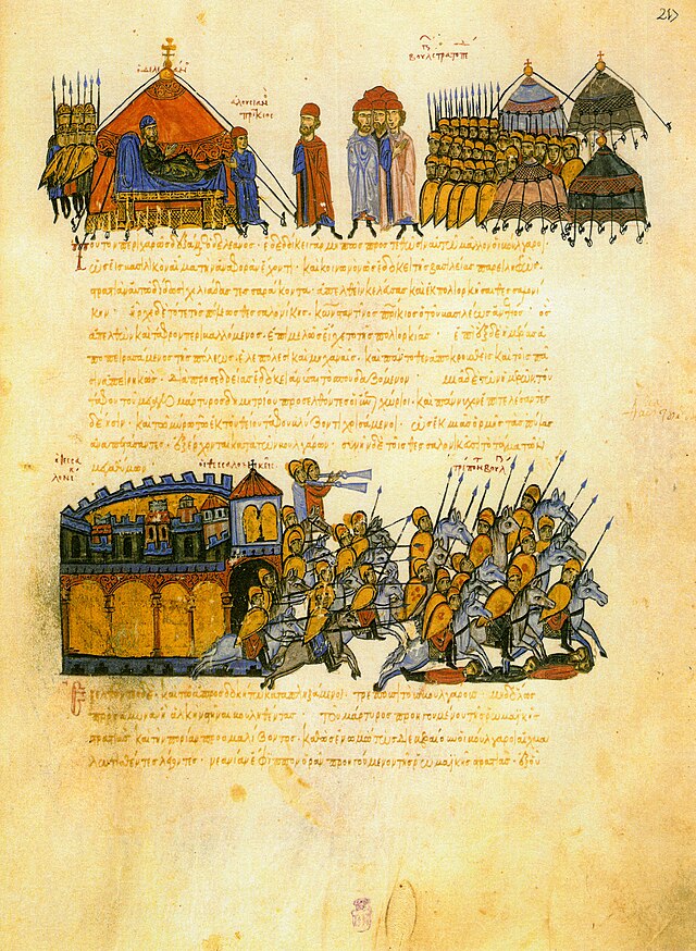 Accampamento militare medievale con tende e soldati - miniatura dalla Cronaca di Skylitzes, XI secolo