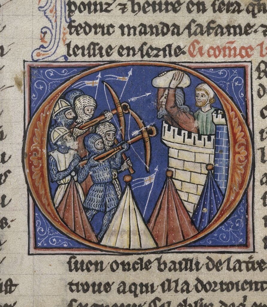 Balestrieri medievali, miniatura dall'Histoire d'Outremer, XIII secolo
